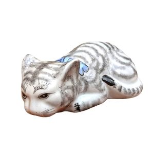 Vintage China Porcelain Painted Cat Kitten Figurine Blue Bow Chinese